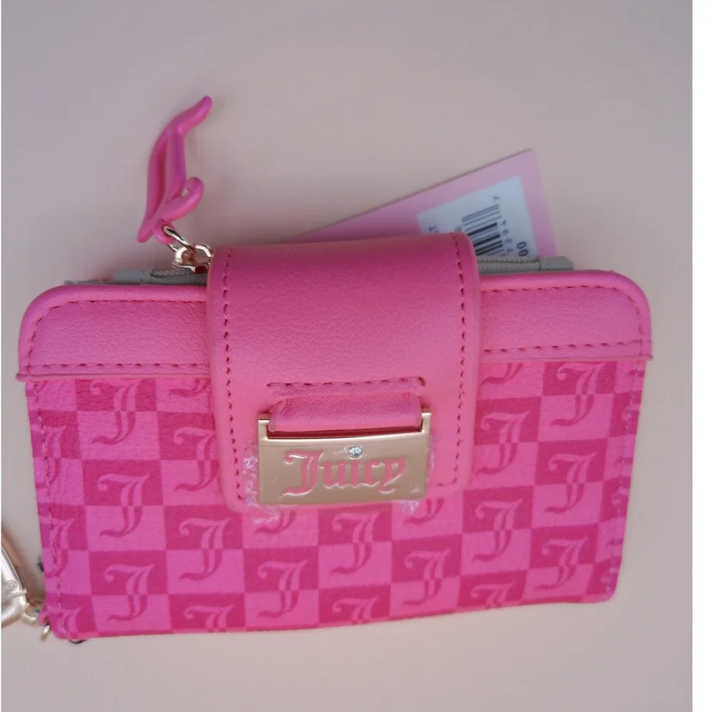 Juicy Couture Pink Lemonade Monogram Tab Card Wallet Y2K Heart Clip Keyring NEW